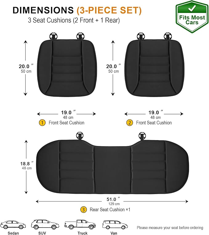 kingphenix 3-Piece Memory Foam Car Seat Cushion Set for Driving Comfort | 2 Front Seat Cushions and 1 Rear Bench Pad, 1.2-Inch Memory Foam, Non-Slip Bottom for Sedan, SUV, Truck and Van, Black
