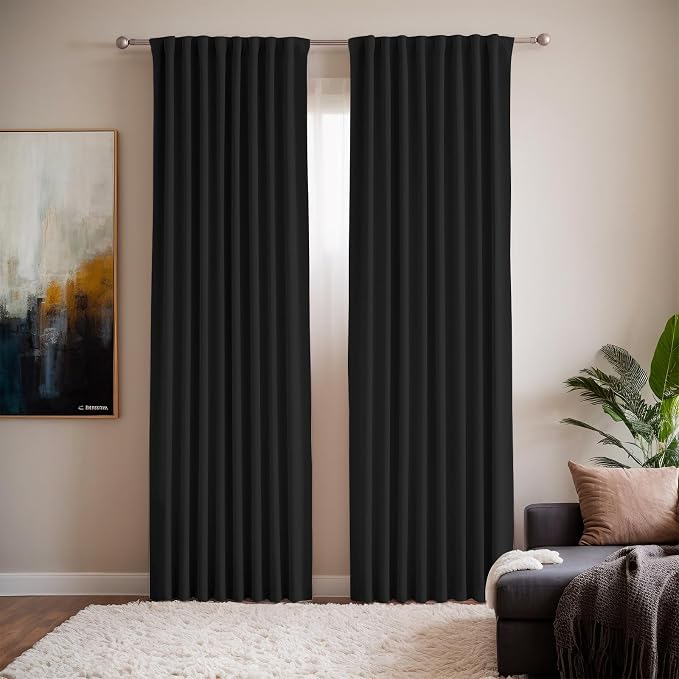 Black Thermal Insulated Blackout Curtains 63 Inches Long - Back Tab Top and Rod Pocket 2 Pages Privacy Curtains - Cat Proof Blackout Slider Curtain for Sliding Glass Door 2 Panel Sets