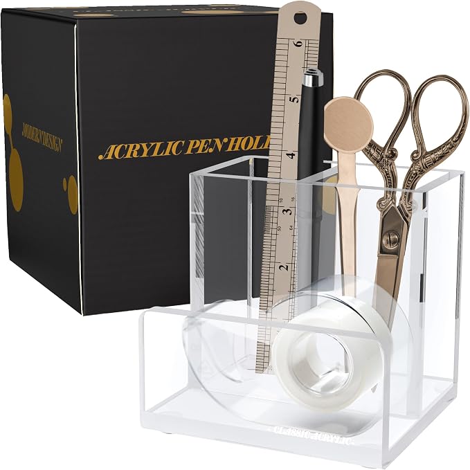 Pen Organizer for Desk-A Modern Desk Accessory w/a Removable Divider is Great as a Pen & Makeup Brush Holder-This Chic Acrylic Storage Stand Makes a Great Gift for Home/Work Space
