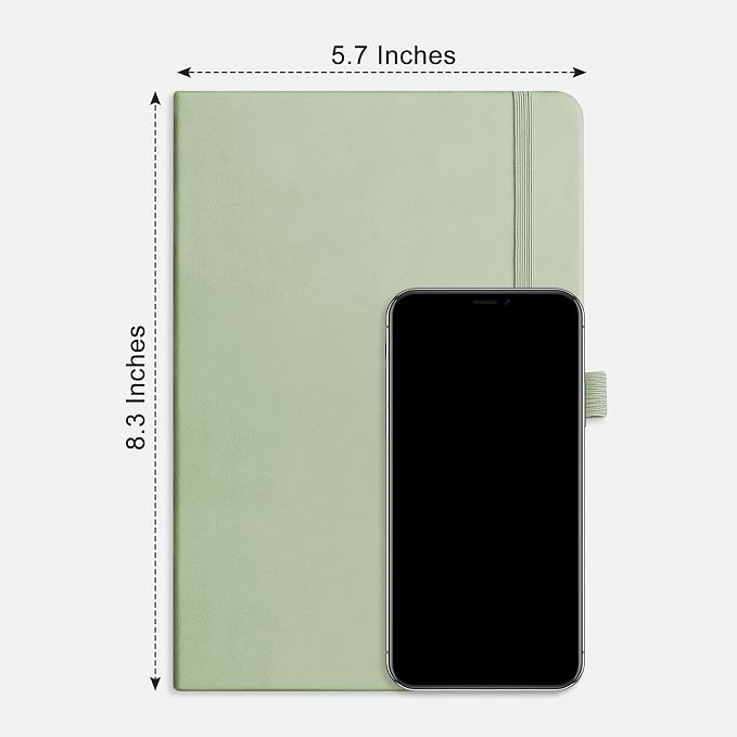 RETTACY Lined Journal Notebook, 192 Numbered Pages, A5 Medium Size (5.7'' x 8.3''), for Men & Women, Journaling, Writing, Work & Office, Leather Hardcover, 100 GSM Thick Paper (Light Green)