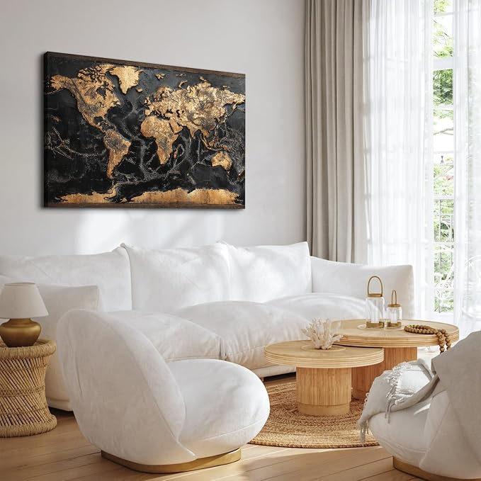 Large Canvas Wall Art World Map for Office Wall Decorations Black and Gold Map of The World Picture Prints Abstract Golden Luxury World Maps Painting Poster Artwork Boys Men Bedroom Home Decor 32x48"