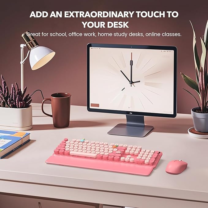 Wireless Keyboard and Mouse Combo, Retro Keyboard with Round Keycaps, Full-Size Typewriter Style Keyboard with Detachable Wrist Rest, 2.4GHz Only Cordless Connection for Windows/PC/Laptop (Baby Pink)