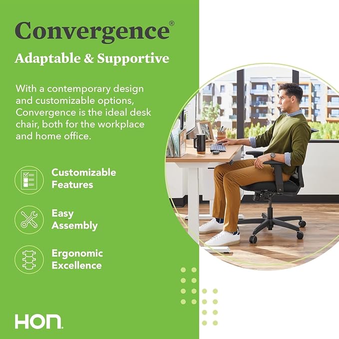 HON Convergence Ergonomic Office Chair with Mesh Back, Adjustable Arms, Lumbar Support, Synchro‑Tilt Desk Chair with Wheels for Home Office or Computer Use, Black Frame, Ruby
