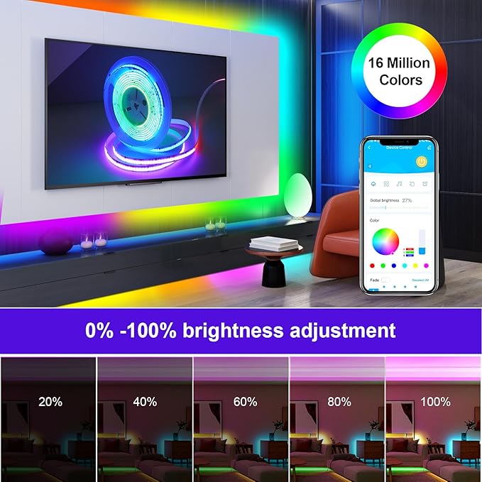 GUPUP 16.4ft COB RGB Smart IC LED Strip Lights,Addressable Color Chasing Strip Light, 24V 2880 LEDs Multicolor Flexible Tape Lighting Kit with APP Control &Music Mode, for TV,Bedroom,Party Decoration
