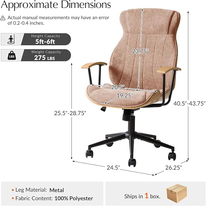 HULALA HOME Solid Wood Office Chair with High Backrest, Spice | Mid Century Modern Bentwood Desk Chair with Tilt Function, Swivel Fabric Computer Task Chair, Height Adjustable, Metal Base
