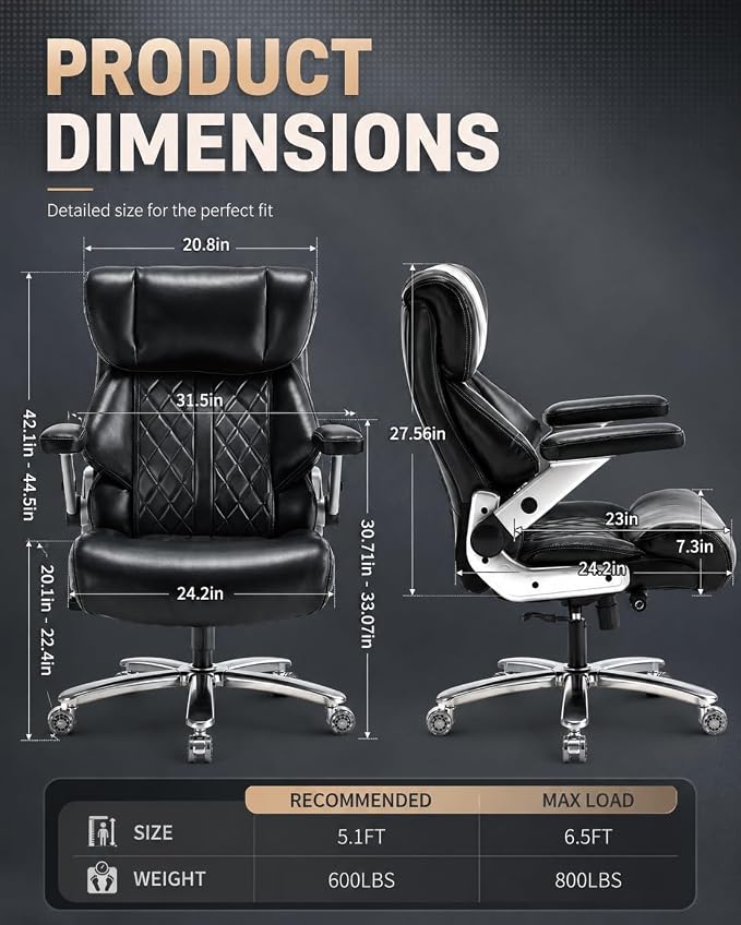 800lbs Big and Tall Office Chairs with 5D Flip Arms | Heavy Duty Desk Chair with Adjustable Lumbar Support, Office Chairs with Quiet Rubber Wheel and Extra Wide Seat