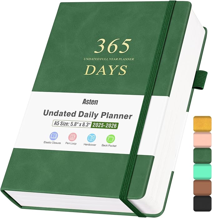 Undated Daily Planner with To Do List, 365 Days Agenda for Men, Hourly Planner Notebook for Goal Setting and Productivity with Calendar, 8.3" x 5.8" (Green)