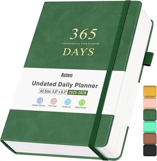Undated Daily Planner with To Do List, 365 Days Agenda for Men, Hourly Planner Notebook for Goal Setting and Productivity with Calendar, 8.3" x 5.8" (Green)