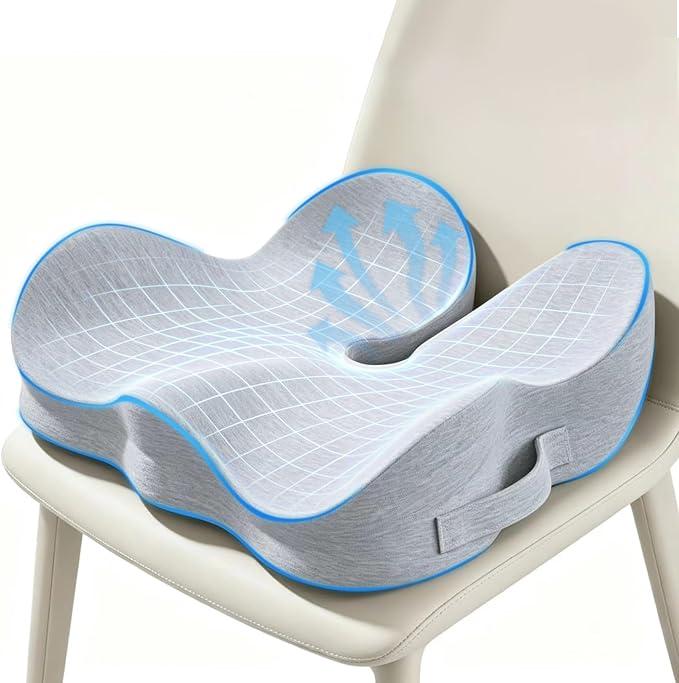 Memory Foam Seat Cushion for Sciatica & Tailbone Pain Relief – Comfort Support for Office Chair, Car Seat, Airplane, Long Sitting Workers & Drivers (Gray)