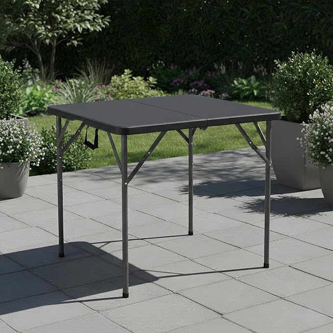 FDW 34" Square Plastic Folding Card Table, Portable Fold-in-Half Plastic Picnic Party Table with Carrying Handle, Black