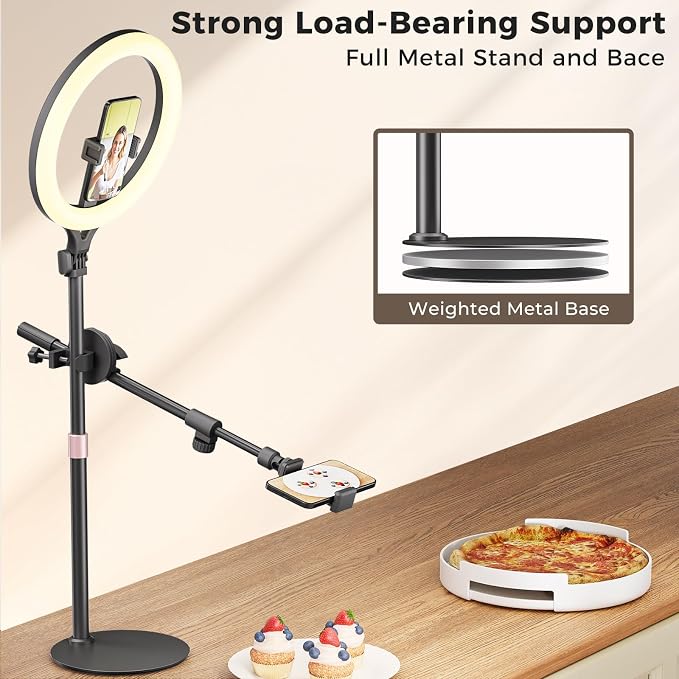 11" Desk Ring Light,Wireless Bluetooth Ring Light with Stand & Phone Holder,Overhead Phone Mount for Video Recording,Tripod for Cooking Videos,Webcam Lamp/TikTok/YouTube,Compatible with iPhone Camera