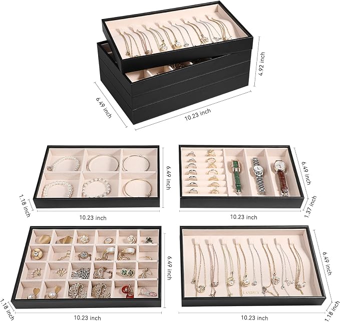 LANDICI Stackable Jewelry Organizer Trays 4 Set,PU Leather Jewelry Organizer Drawer,Jewelry Storage Display Tray for Earring Necklace Rings Bracelet with Removable Dividers,Black