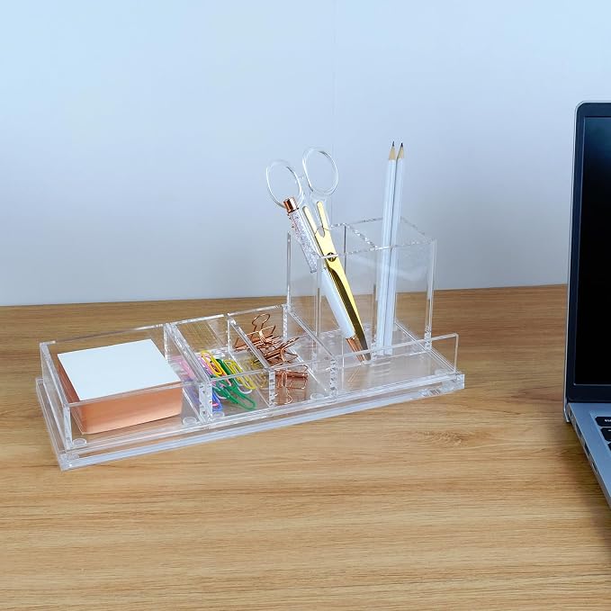 Clear Acrylic Desk Organizer 4-Piece Desk Kit + Free Complimentary Acrylic Ruler, Desktop Organization for Office or Home