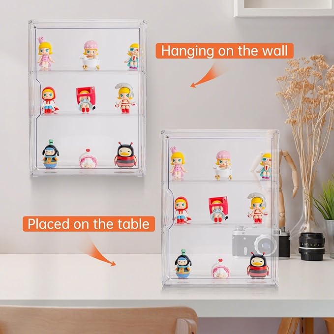 BOHOIDEE 3 Tiers Clear Display Case for Figures, Acrylic Storage Organizers Box with Magnetic Door, Wall-Mounted Dustproof Showcase for Collectibles Action Figure(3PACK Wall-Mounted Medium)