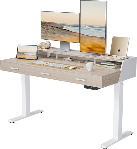 CubiCubi Standing Desk 55x26 Inches with 3 Wood Drawers and Monitor Shelf, Ergonomic Rising Home Office Desks, Height Adjustable Computer Desk, Sit Stand Up Electric Workstation Table, Light Walnut