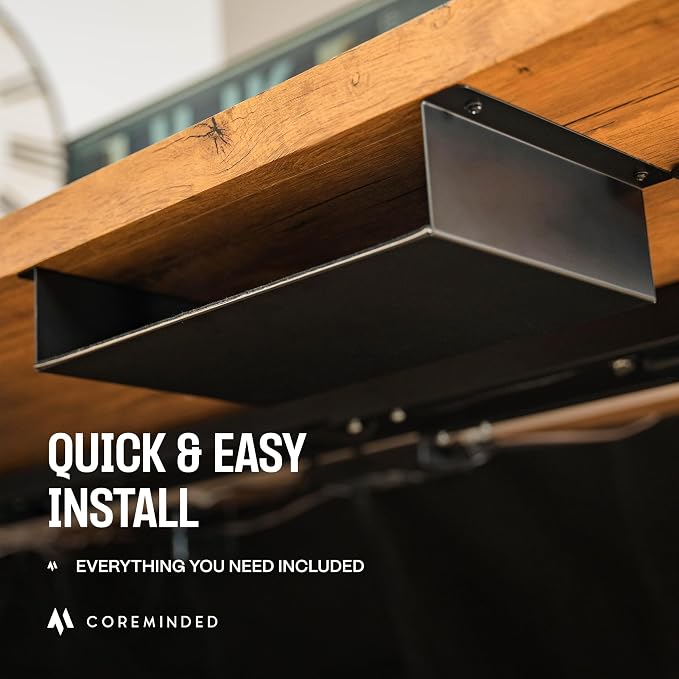 COREMINDED Under Desk Storage Shelf - Carbon Steel Under Desk Tray with Cable Management, Mountable Add-On Shelf for Table & Office Desks (13" x 8" x 2.8")
