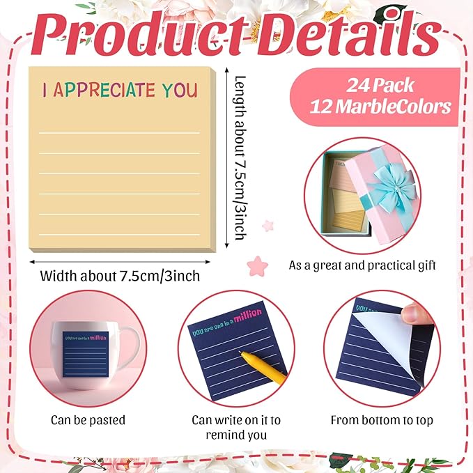 Yinder 24 Pcs Inspirational Sticky Notes Thank You Gift Motivational Sticky Note Pad Employee Appreciation Gift Bulk for Staff Coworker Teacher Nurse Office Groups 3 x 3'' (Appreciation,Retro)