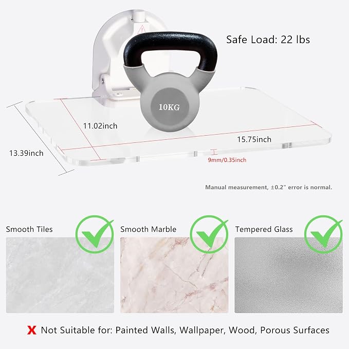 No-Drill Wall Mounted Folding Table 15.75" L x 11.02" W | 15.75" L x 13.39" W Install Size, Strong Vacuum Suction Cup, Waterproof Acrylic Surface for Bathroom, Laundry, Office, RV & Travel