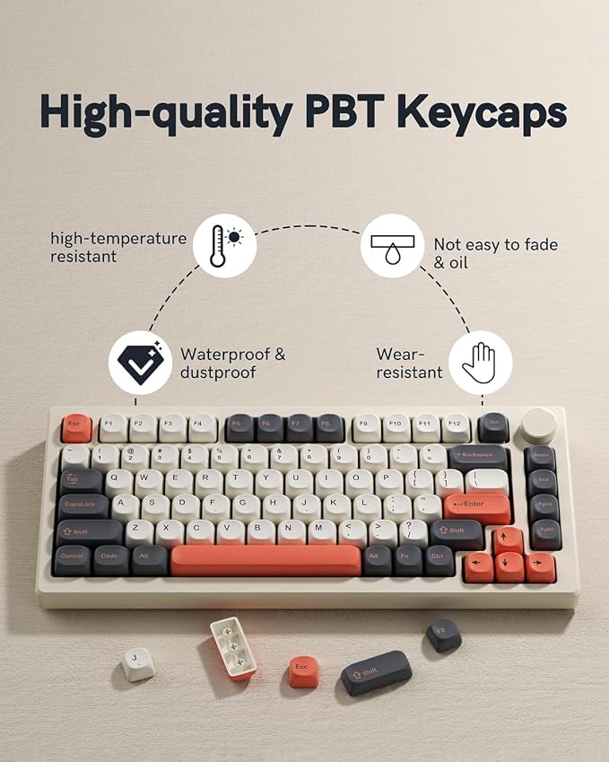Keymatic 137 Double Shot PBT Keycaps Set MOA Custom Retro keycaps for 61/64/68/84/87/100/104/108 Retro Gaming Mechanical Keyboard Gray Orange(Only Keycap Set)