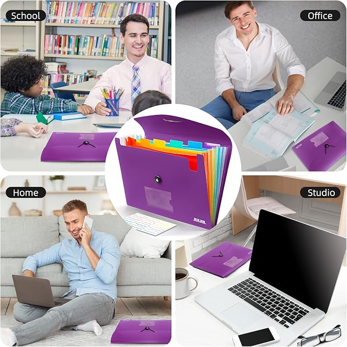 Accordian File Organizer 7 Pocket Expanding File Folder with Labels, Plastic Expandable File Folder for Documents Letter Size A4 Papers - Purple