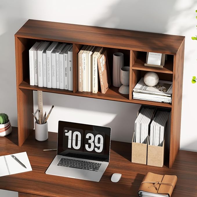 Tangkula Desktop Bookshelf, Countertop Storage Hutch with 4 Shelves for Computer Desk, Desktop 2-Tier Display Rack, Multipurpose Wood Desk Hutch Storage Organizer for Dorm Office Home (Walnut)