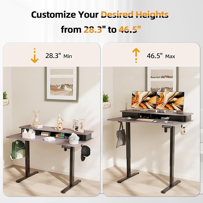 JOY worker 48" Electric Adjustable Standing Desk with Storage Monitor Stand | Grey Computer Desk Height Adjustable with Storage Shelves, Spacious Woskstation, Sit Stand Desk with 2 Hooks for Home Office