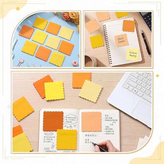 Epakh 10 Pack Scalloped Sticky Notes Bulk 3"x3" Cute Aesthetic Memo Pads 5 Gradient Colors Wavy Self Notepads for Office Study and Daily Life Organization, 300 Sheets(Yellow)