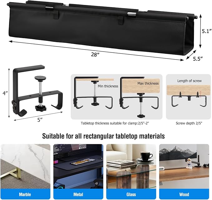 Under Desk Cable Management Tray - Heavy Duty No-Drill Clamp & Screw Mount, 28-Inch Cord Organizer for Home Office, Gaming Setup & Study Room, Holds Power Strip & Large Adapters (Black, 28"L x 5.5"W)