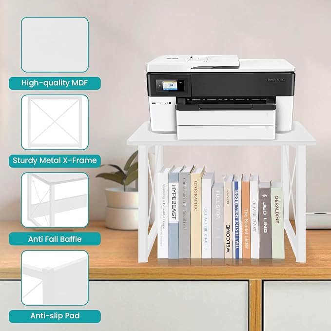 ELITEROO Desktop Printer Stand with Storage, Printer Stand Shelf | Desk Organizer shelf for Home, Modern Wood Printer Riser Under Desk Small Table for Printer Fax Machine Copier Scanner, White