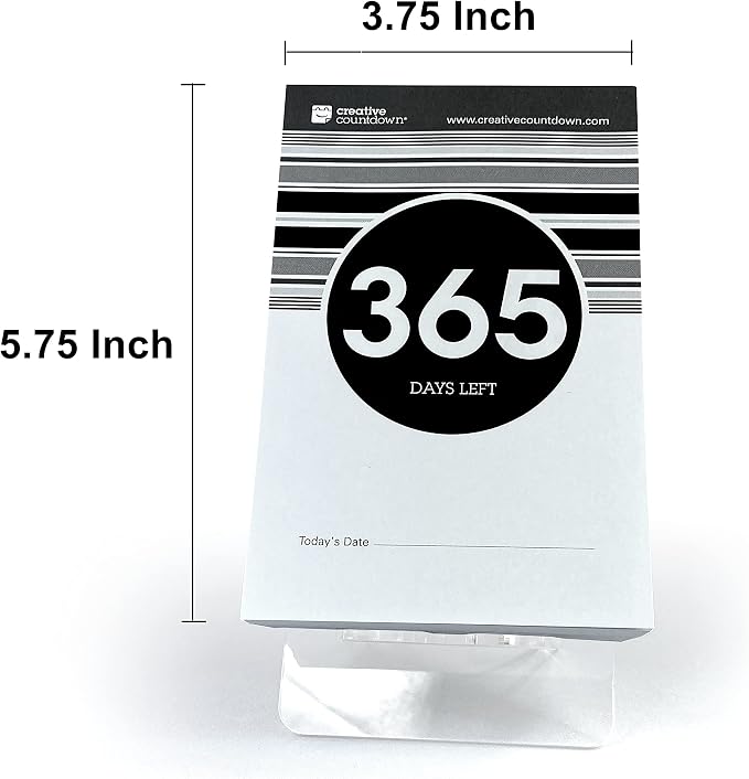 1 Year (365 Days) Event, Goal & Special Occasion Count Down Calendar - 5.75"x3.75" - Black & White Tear Off Countdown Calendar - Tear Away Desktop Calendar with Writing Space & Sleek Acrylic Display