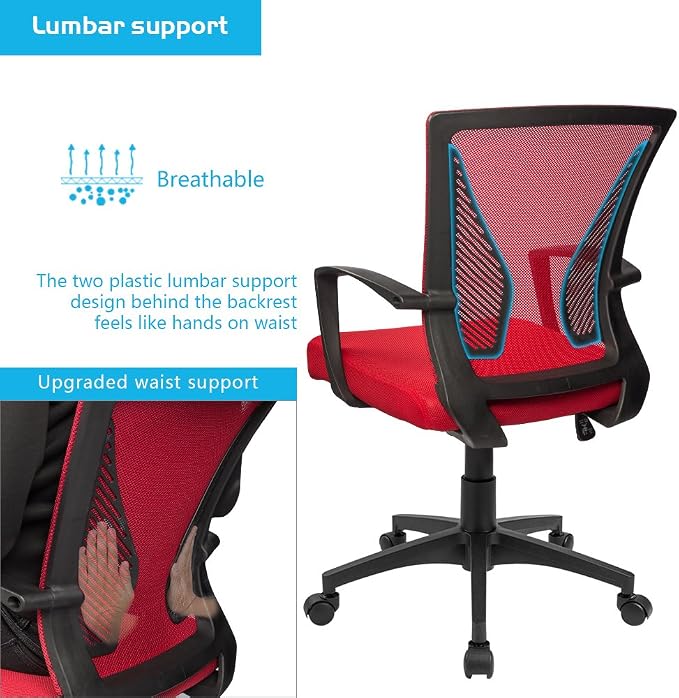 Furmax Office Chair Ergonomic Computer Desk Mesh Chair Mid Back Swivel Lumbar Support with Armrest (1, Red)