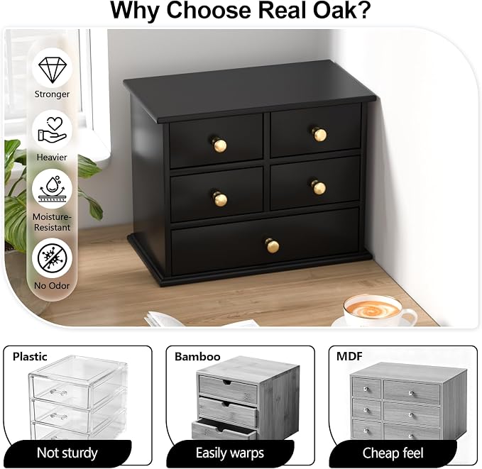 Oak Desk Organizer with Drawers, Durable Wooden Desktop Storage Box | 5 Drawer Tabletop Organizer with Metal Handles & Non-Slip Pads for Office, Bedroom, Bathroom, Vanity & Makeup Storage, Black
