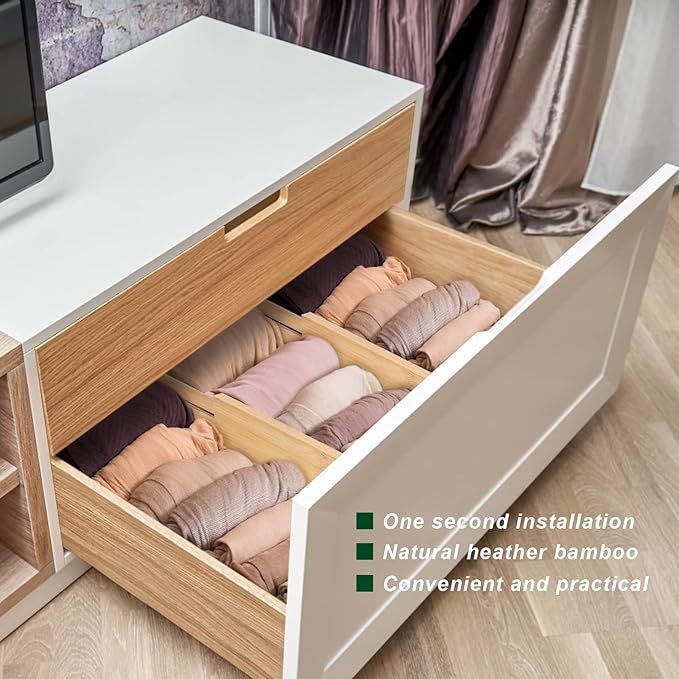 4 Pack Bamboo Kitchen Drawer Dividers with Inserts 2.6" High, Adjustable from 12.5 Inch to 21.7 Inch Drawer Organizers, Expandable Drawer Separators for Clothes, Bedroom, Dresser, Office (Beige)