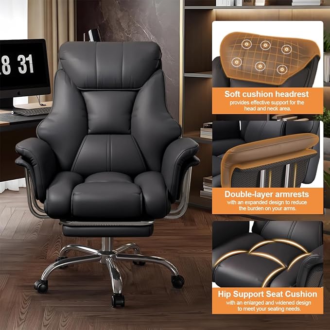 Big and Tall Office Chair Wide Seat Ergonomic Leather Executive Desk Chair with Leg Rest, Heavy-Duty 550 lbs Adjustable Height Computer Gaming Chairs