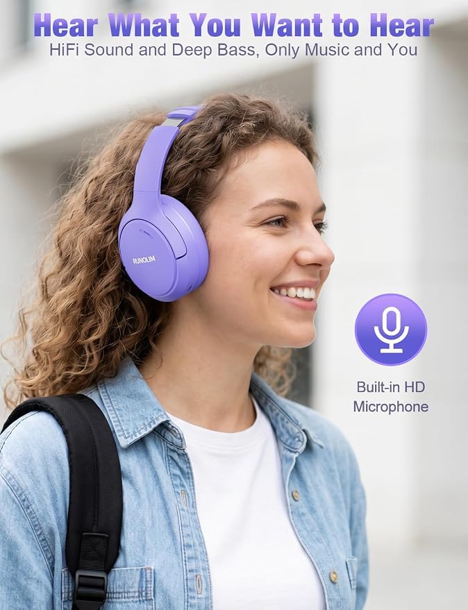 RUNOLIM Hybrid Active Noise Cancelling Headphones, Wireless Over Ear Bluetooth Headphones with Microphone, 100H Playtime, Foldable Headphone with HiFi Audio, Deep Bass for Home Travel Office（Purple）