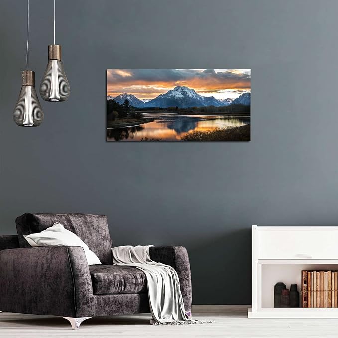 Grand Teton Mountain Wall Art National Park Posters Sunset Oxbow Bend Scenery Wall Picture Snake River Landscape Wall Art Nature Wyoming Painting Artwork for Living Room Bedroom Home Decoration 24x48"