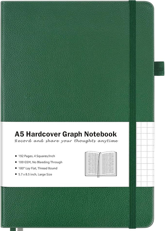 Graph Paper Notebook, Hardcover Notebook, Grid Notebook Journal for Women, Men, Large Leather Journals for Writing, Thick Paper, A5 Notebooks for Work, School Supplies, Engineering, 5.7"x8.5", Green