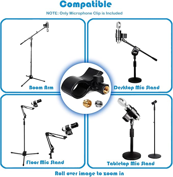 2 Pack KayNicam Universal Microphone Clip Holder for Dynamic & Condenser Mics - Adjustable Mic Clamp for 0.6" to 2.4" Diameter (1.5-6cm) - Includes 5/8", 3/8", 1/4" Metal Threads.