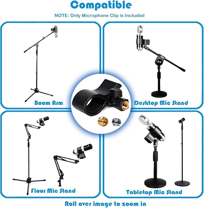 2pcs Large Microphone Clips, Adjustable Mic Holder for Microphones with Outer Diameter Range 1.26" from 2.3", with 5/8" Male to 3/8 to1/4" Female Screw Adapter(Black) Mic clip holder for stand
