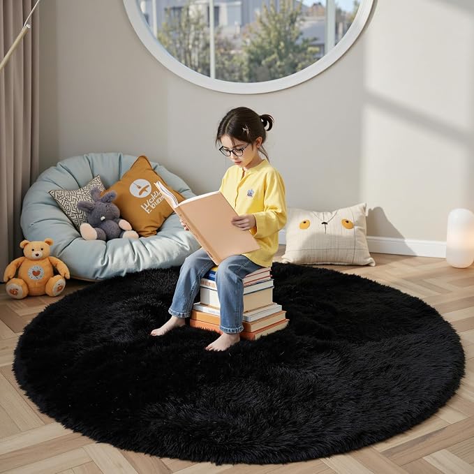 Super Soft Circle Rugs for Girls Princess Castle Toddlers Play Tent 3 Diameter Circular Area Rugs for Bedroom Home Decor Round Shag Playhouse Carpets(Φ3, Black)