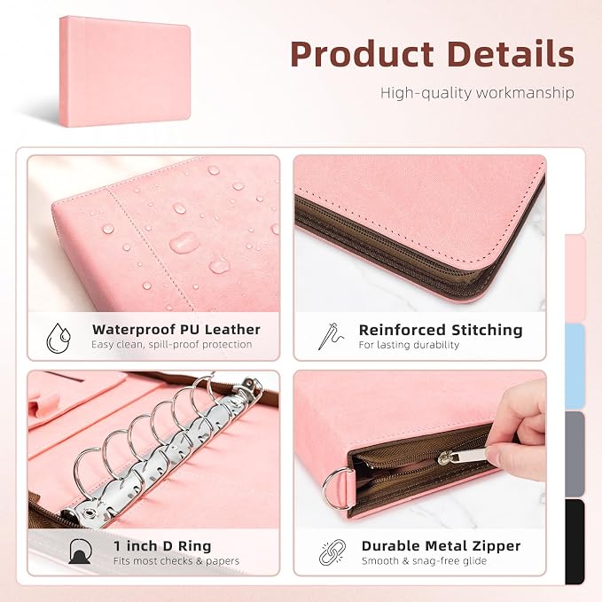 Ospelelf Pink Zippered 7 Ring Check Binder for Business Checks (9" x 13"), 1 Inch Faux Leather Checkbook Portfolio with Zipper Pouch, Professional Binder Organizer for Accountants, Home Use