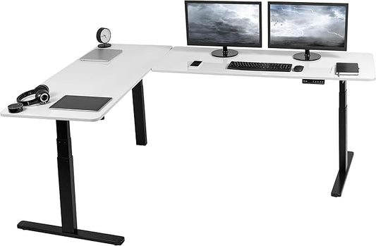 VIVO Electric Height Adjustable 83 x 60 inch Corner Stand Up Desk, 2 White Dry Erase Solid Table Tops, Black Frame, Memory Controller, L-Shaped Workstation, 3E Series, DESK-KIT-3E8BWE