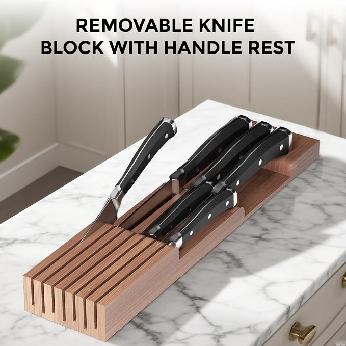 Expandable Bamboo Silverware Organizer with Knife Block, Brown | 12.6-21.45 x 16.3 x 2.13 in, Holds 7 Knives, Removable Knife Block, Adjustable Dividers, Drawer Insert for Utensils, Forks
