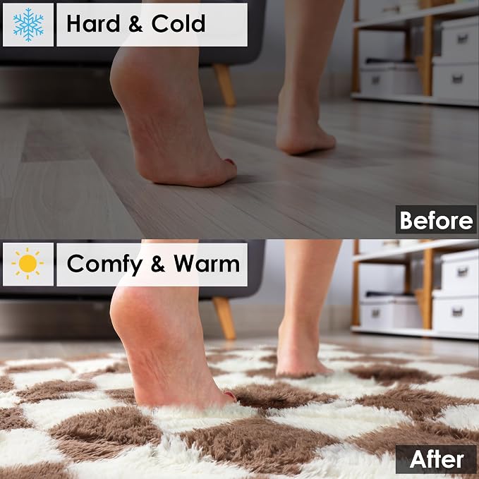 KICMOR 4x6 Brown and Cream White Area Rugs for Bedroom, Fluffy Shag Shaggy Fuzzy Checkered Living Room Rug, Soft and Comfy Bedside Carpet, Furry Plush Rug for Kids Room Nursery Home Decor Aesthetic