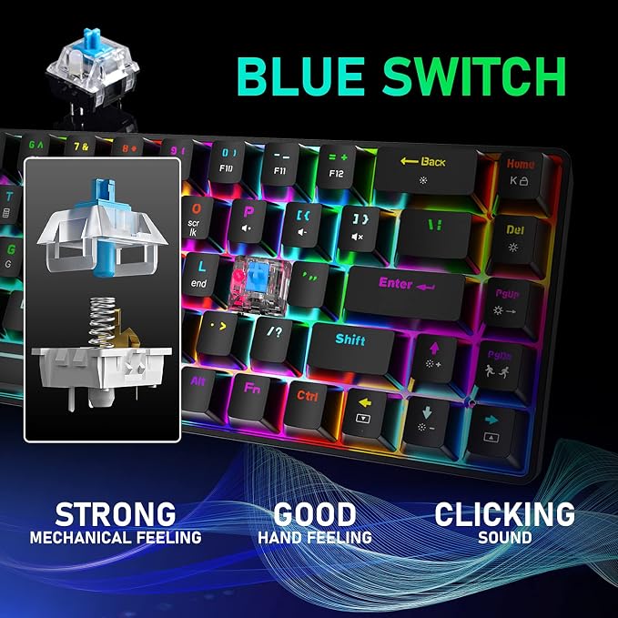 65% Wired Gaming Mechanical Keyboard and Mouse Combo, Mini 68 Keys, RGB Backlight, Lightweight RGB Optical Mouse,Mouse Pad Compatible with PS4,Xbox,PC,Laptop,MAC (Black/Blue Switch)