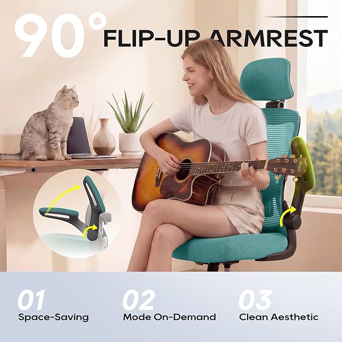 Ergonomic Office Chair, High Back Mesh Desk Chair with Adjustable Lumbar Support & Headrest, Flip-up Armrest, Computer Task Chairs for Home and Executive Office (B-Green)