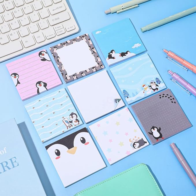 9 Pads Cute Sticky Notes Cartoon Self Stick Notepads 3x3 Inches Notes Adhesive Memo Pad Office Decor Gifts for Students School Teacher Office Meeting(Penguin)