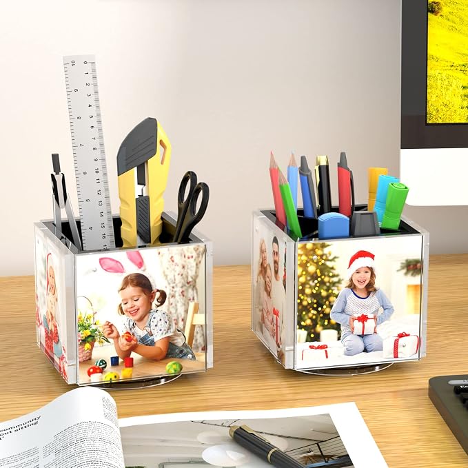 HIIMIEI Acrylic Picture Frames for Desk, 4-side Magnetic Photo Cube Pen Holder 4"x 4", 360° Rotating Desktop Organizer for Pencil, Makeup Brushes, Home, Office (Black)