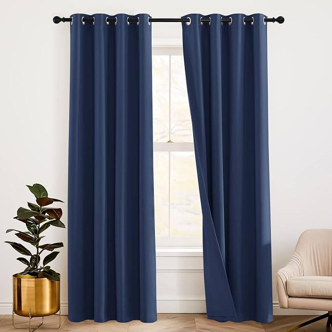 RYB HOME 3-in-1 Set Soundproof Blackout Curtains Energy Saving with Felt Noise Absorbing Liner for Large Window Decor Seperating Wall Divider, Navy Blue, 52 inch Width x 108 inch Length, 2 Pcs