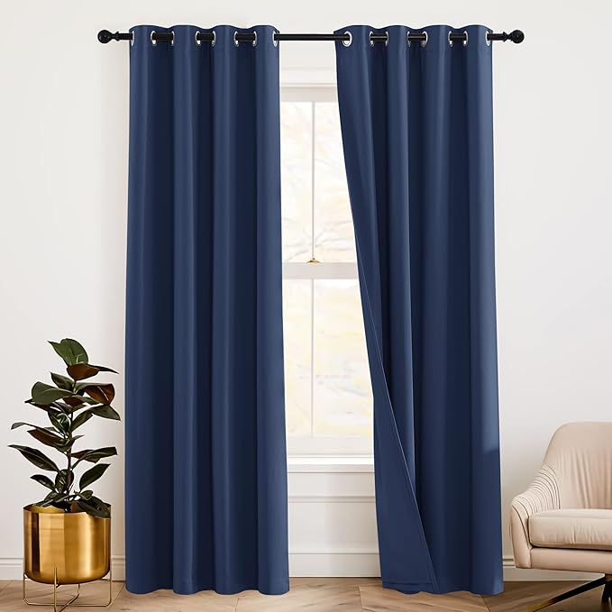 RYB HOME Soundproof Blackout Energy Effeciency 3-in-1 Curtain Set with Notoxic Detachable Liner for Home Office Theater Privacy Seperating Drapes, Navy Blue, W 52 x L 95 inches, 2 Pcs
